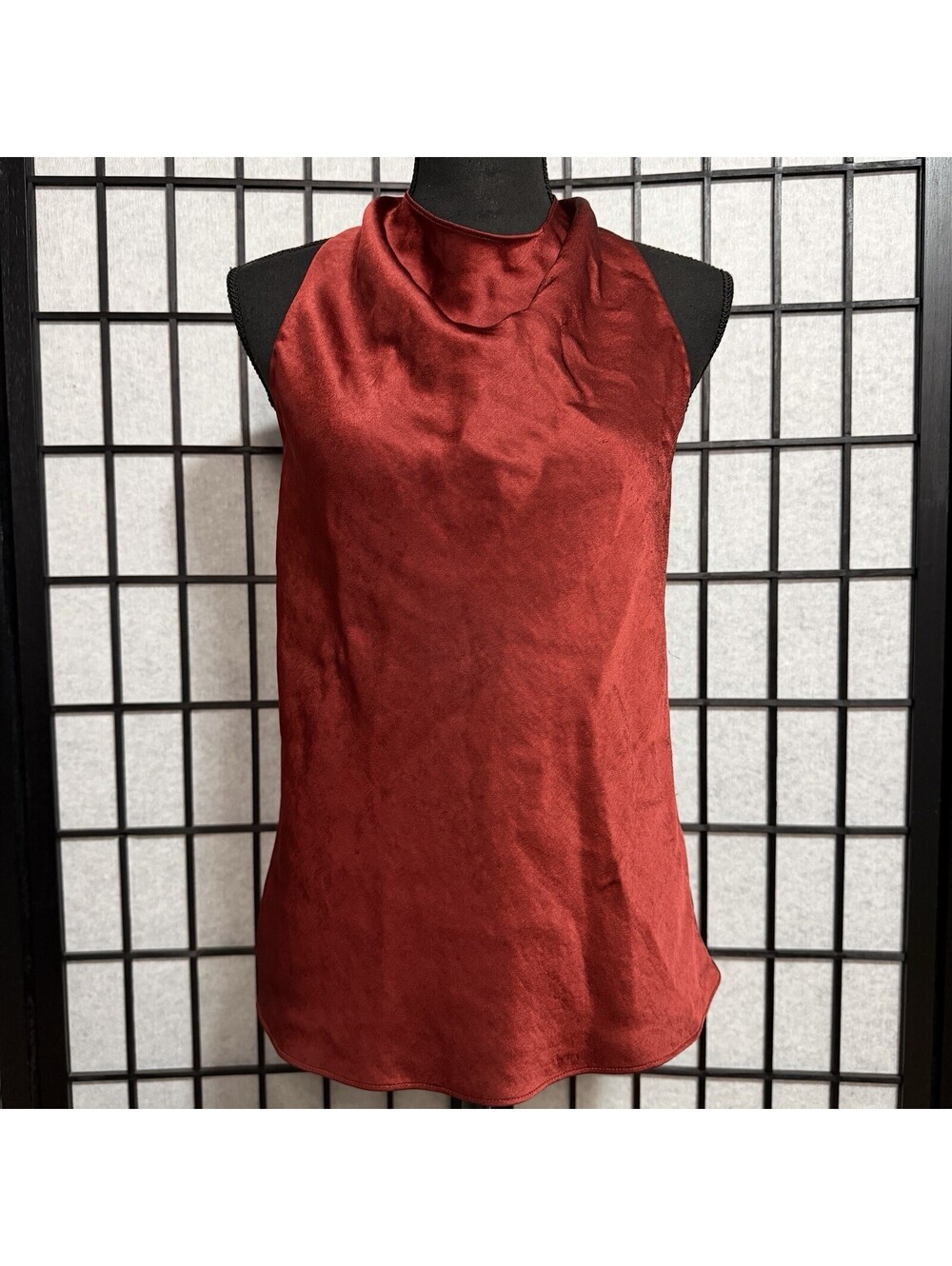 Vince Silk Satin Cowl Neck Halter Top Rust Red Open Back Sz S